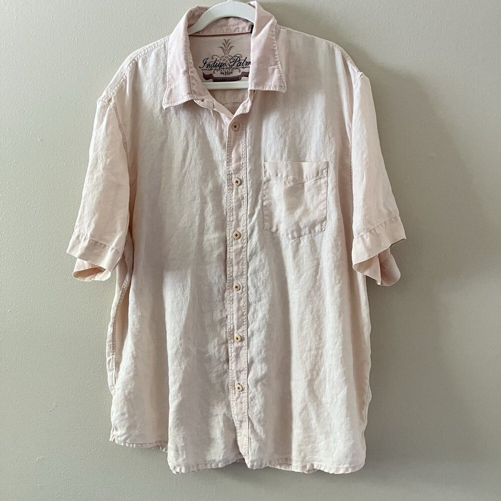 Mens Linen Button‎ Down XXL Pink Indigo Palms Resort Vacation Beach quiet luxury